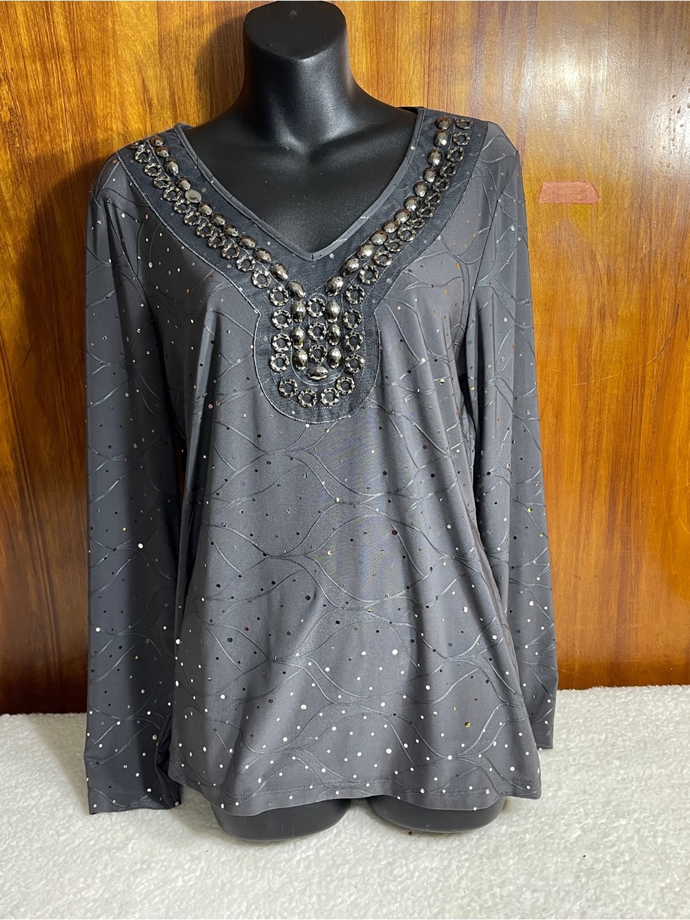 Vintage Suzie Y2K Grey Embellished V-Neck Top Long Sleeve Bling Grunge Size XL